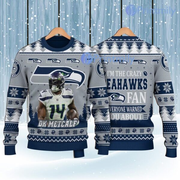 DK Metcalf Seattle Seahawks I Am The Crazy Seahawks Ugly knitted Christmas Sweater Product Photo 1