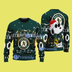 Oakland Athletics MLB Snoopy Pattern Christmas Ugly Sweater Custom Name And Number Product Photo 1