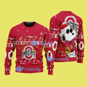 Ohio State NCAA Snoopy Pattern Christmas Ugly Sweater Custom Name And Number Product Photo 1