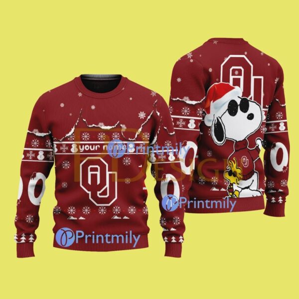 Oklahoma Sooners NCAA Snoopy Pattern Christmas Ugly Sweater Custom Name And Number Product Photo 1
