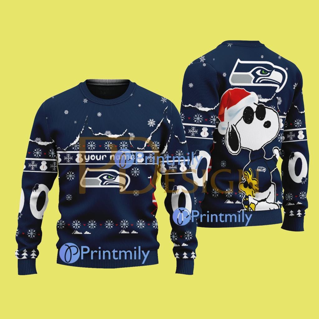 Seattle Seahawks NFL Snoopy Pattern Christmas Ugly Sweater Custom Name And Number 2 Seattle Seahawks NFL Snoopy Pattern Christmas Ugly Sweater Custom Name And Number Product Photo 1
