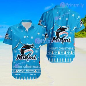Miami Marlins MLB Sport Snoopy And Stock Christmas Custom Name Trending Hawaiian Shirt Product Photo 1