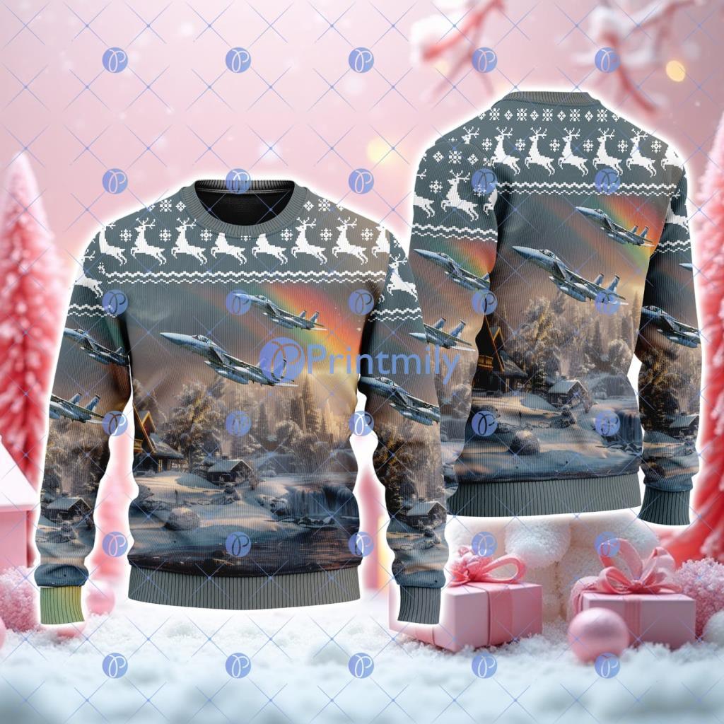 Air Superiority Fighter American Airlines Christmas House Under The Rainbow Ugly Sweater 3D 2 Air Superiority Fighter American Airlines Christmas House Under The Rainbow Ugly Sweater 3D Product Photo 1