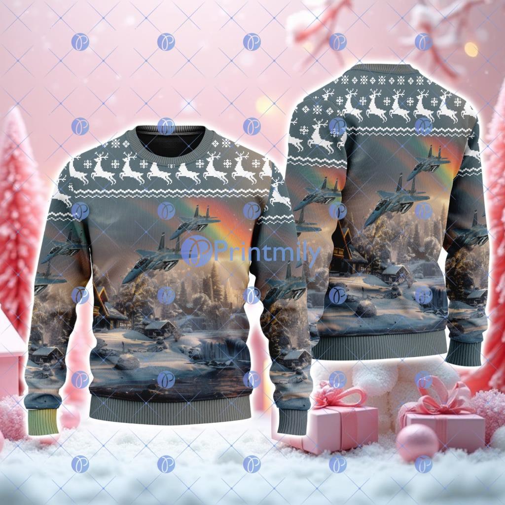 F-15ex Eagle Ii American Airlines Christmas House Under The Rainbow Ugly Sweater 3D 2 F-15ex Eagle Ii American Airlines Christmas House Under The Rainbow Ugly Sweater 3D Product Photo 1