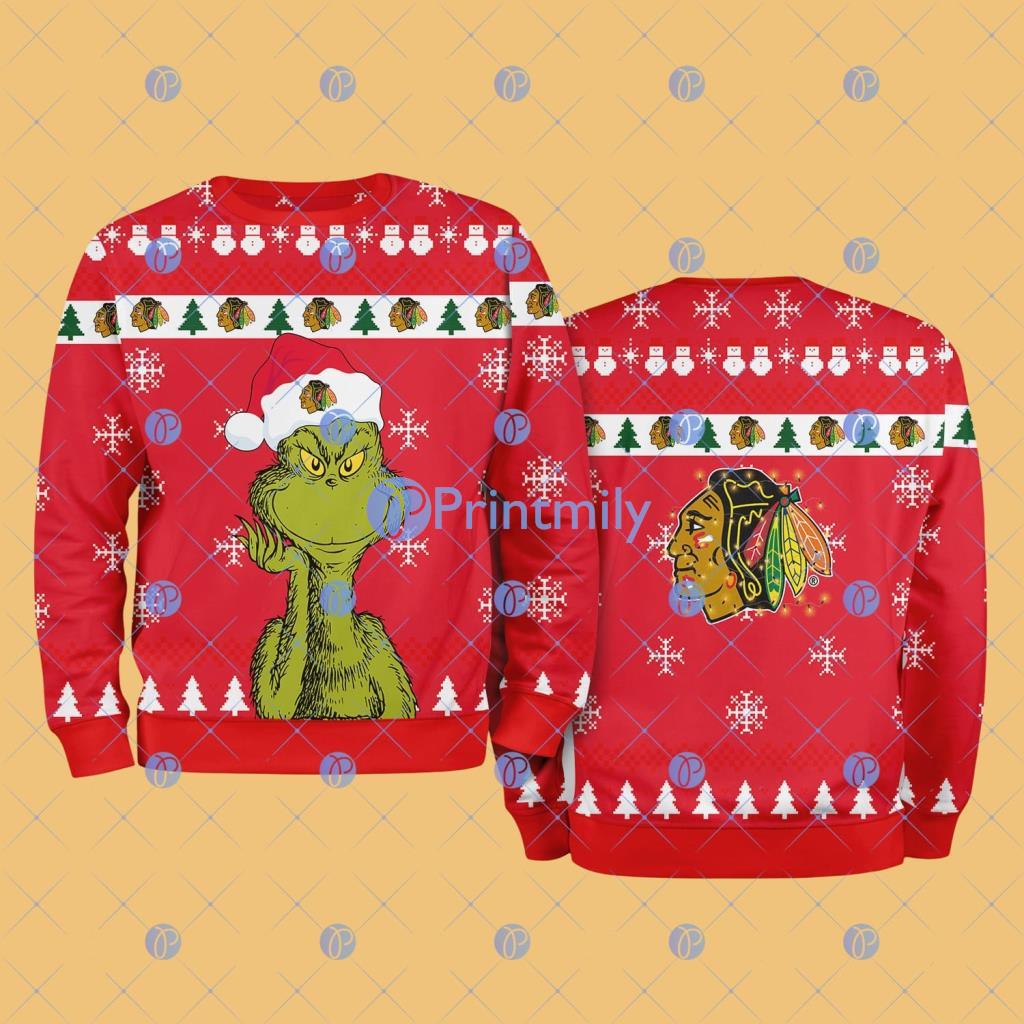 Chicago Blackhawks The Grinch Funny Merry Christmas Uglly Sweater 3D Gift For Fans 2 Chicago Blackhawks The Grinch Funny Merry Christmas Uglly Sweater 3D Gift For Fans Product Photo 1